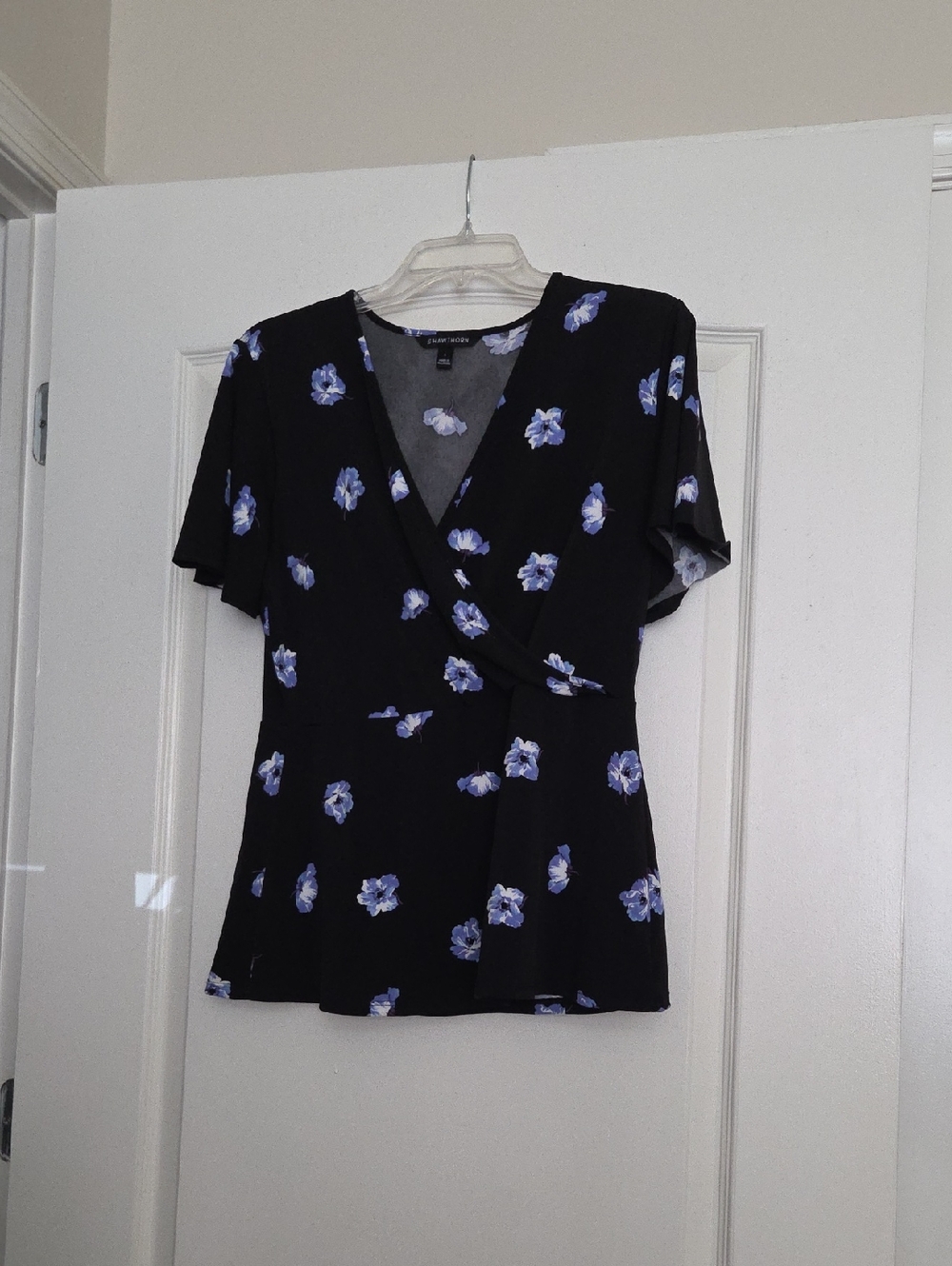 41 Hawthorn Black Floral Wrap Blouse with Blue Flowers